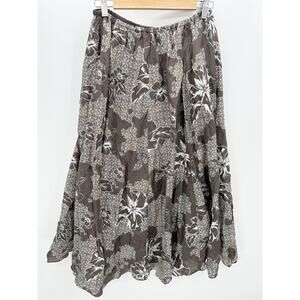 Charter Club Skirt Women 4 Brown White Floral Print Elastic Waist 100% Silk Maxi